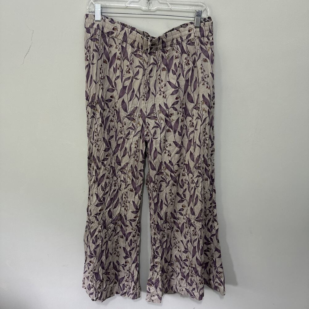 Zuba Pants Womens Large XL Lavender Floral Wide Leg Pull On Coastal Boho Chic